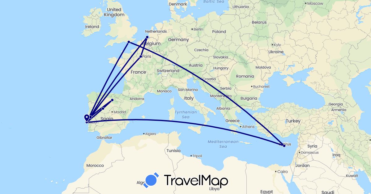 TravelMap itinerary: driving in Cyprus, Spain, France, United Kingdom, Netherlands, Portugal (Asia, Europe)